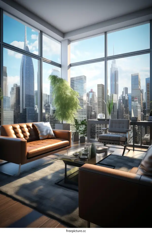 Modern living room interior with city view