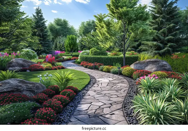 Stone Path Leading Through Lush Garden