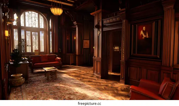 Vintage Wooden Room Interior With Red Sofa and Rug