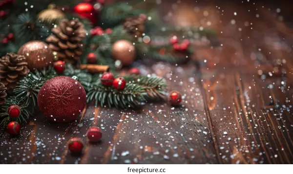 Christmas background with fir branches and red and gold ornaments