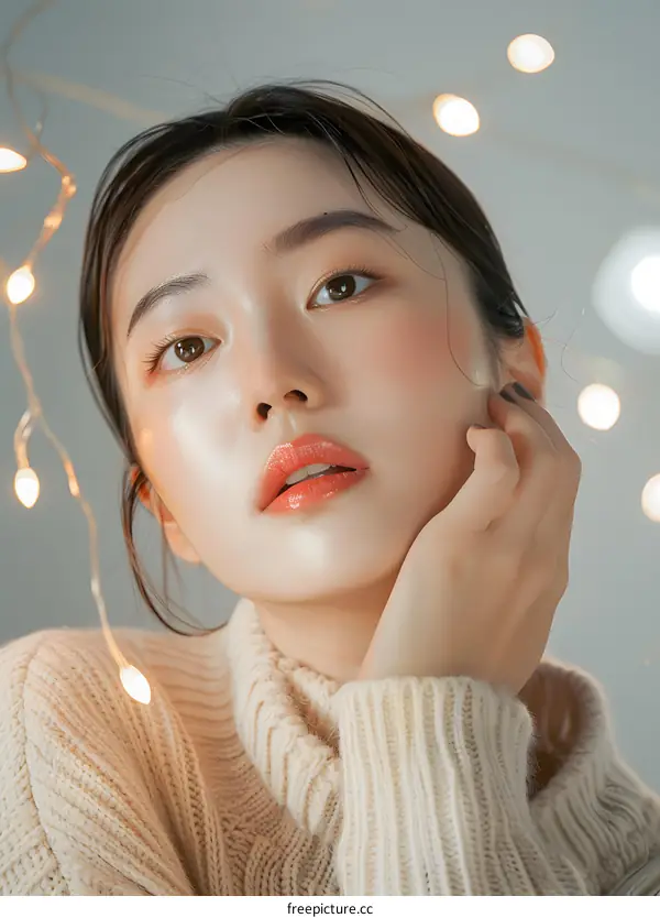 Beautiful Asian Woman with Festive Lights