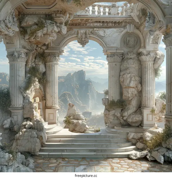 Lavish Ornate Balcony With Misty Mountain Landscape