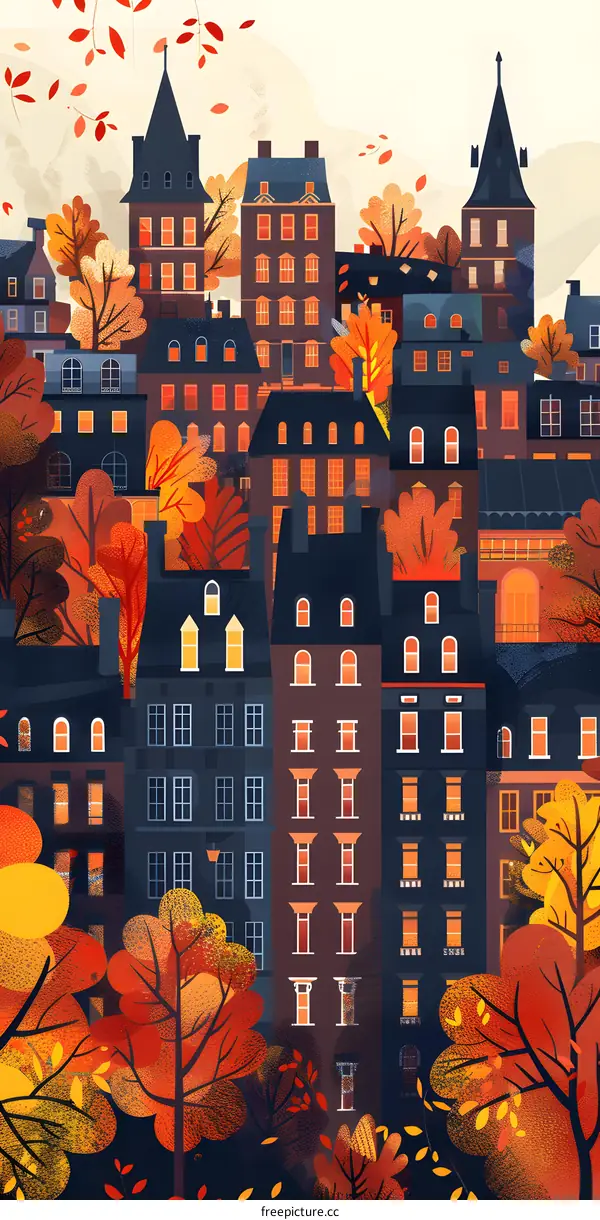 Autumn Cityscape with Colorful Buildings and Trees