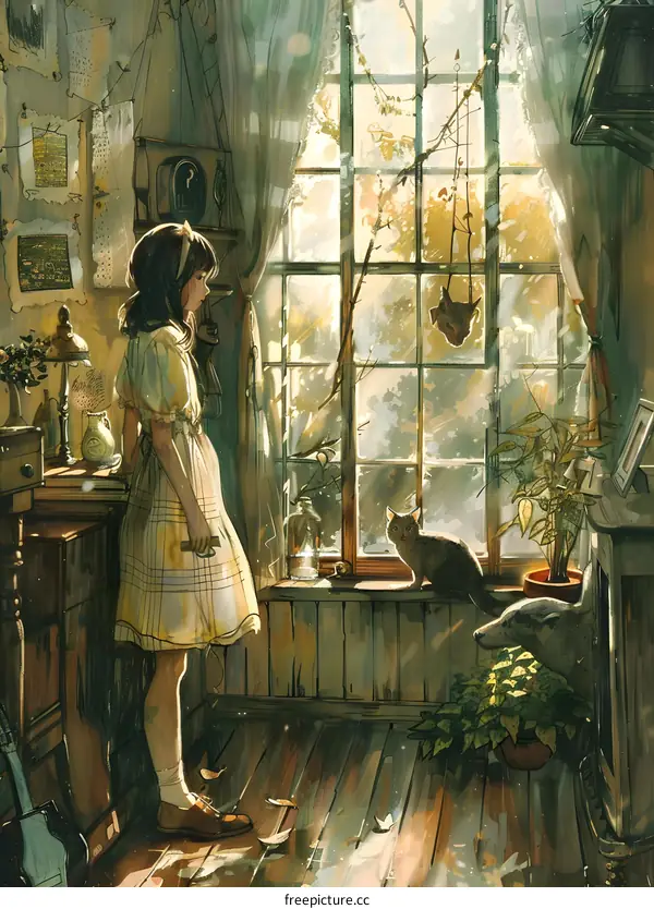 Girl Standing by Window with Cat and Dog