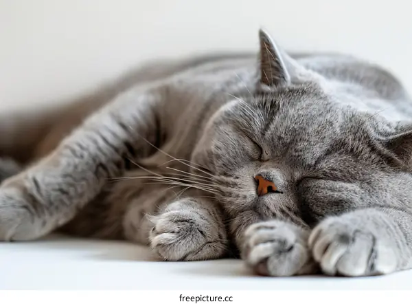 A gray shorthair cat is sleeping on a white table