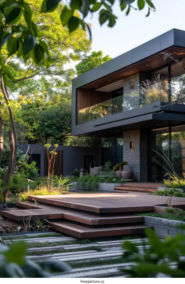 Modern House Exterior Design with Wooden Deck and Glass Facade