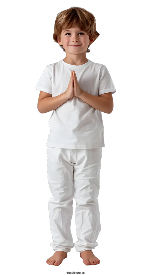 [Transparent Background PNG]Little boy in white clothes is doing yoga