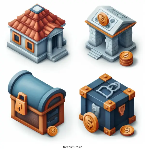 isometric pixel art of a bank and treasure chests