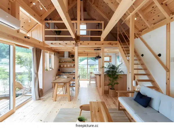 Modern Wooden House Interior Design with Loft