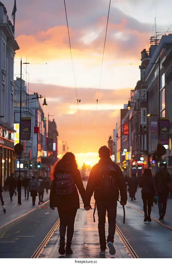 Couple Walking Hand in Hand at Sunset in City