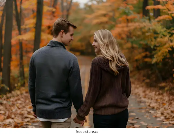 Couple Walking Hand in Hand Through Autumn Forest