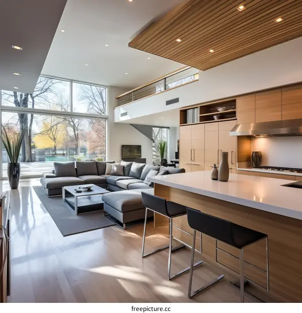 An open living space with a large kitchen island and a view of the pool