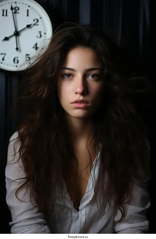 Portrait of a young woman with long brown hair and green eyes, wearing a white shirt, with a clock in the background