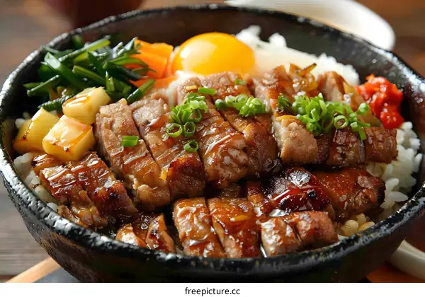 A delicious Japanese dish with pork, egg, rice and vegetables