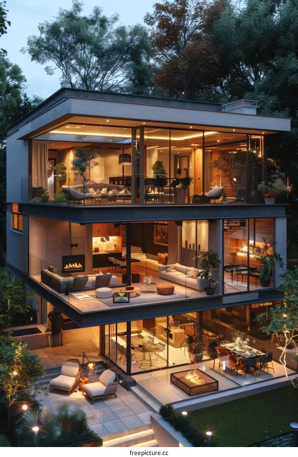 Modern house exterior design with large glass windows