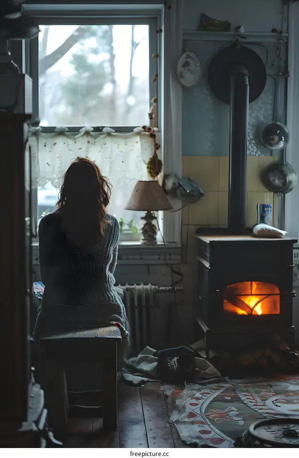A woman is sitting on a bench in front of a wood stove.
