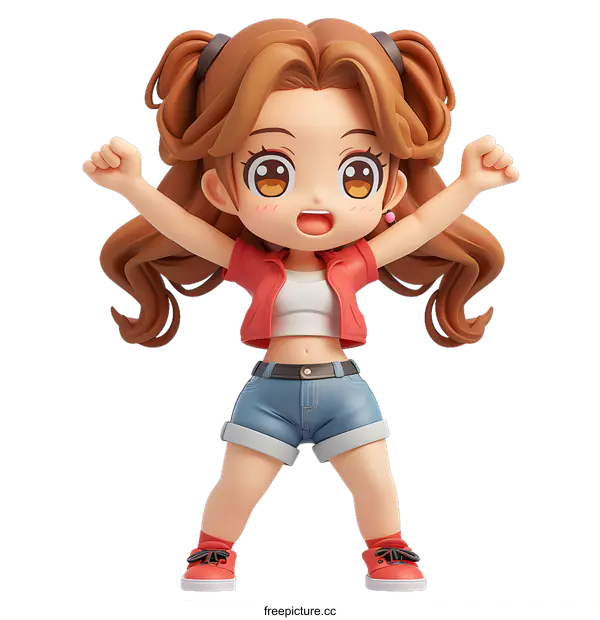[Transparent Background PNG]A cute anime girl with brown hair and blue eyes is wearing a red shirt and blue shorts.