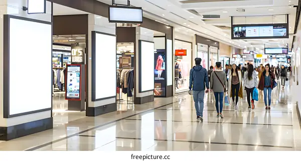 Shopping Mall Interior with People Walking