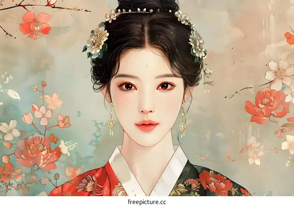 A beautiful illustration of an Asian woman in traditional dress with flowers in her hair