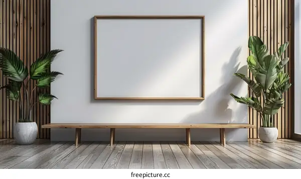 An empty wooden frame on a white wall with a wooden bench and plants in front of it