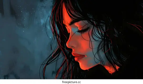 Woman with Long Black Hair and Red Lips Portrait