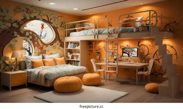 A bedroom with a tree mural and a loft bed