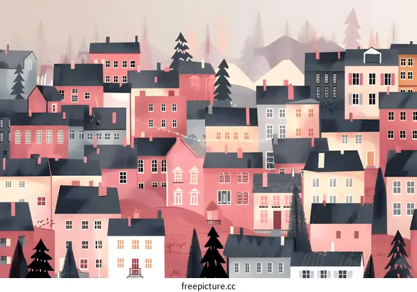 Town Illustration with Pink Houses and Trees