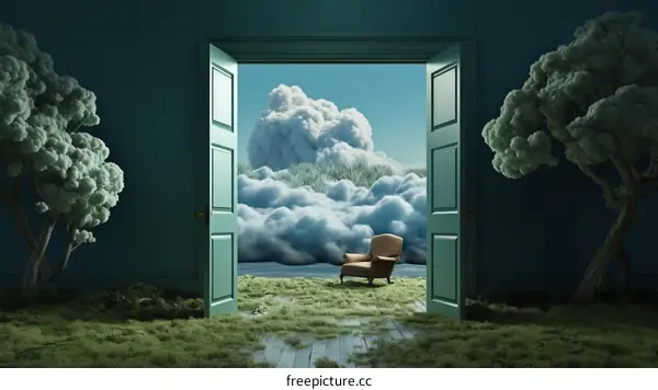 Surreal landscape with a door to the sky