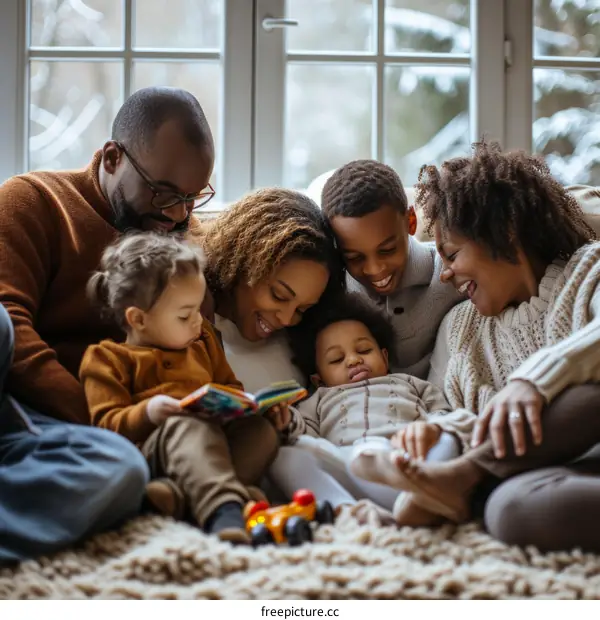 A happy family of five is sitting on the floor in front of a window. The parents are reading a book to the three children.