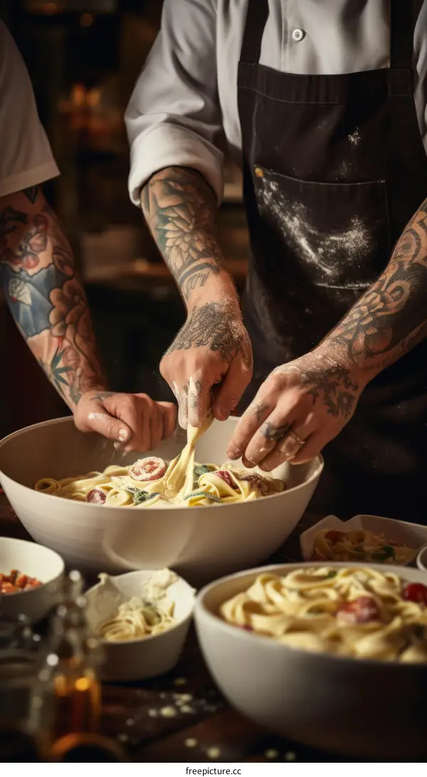 Tattooed chef kneading pasta dough in a large white bowl