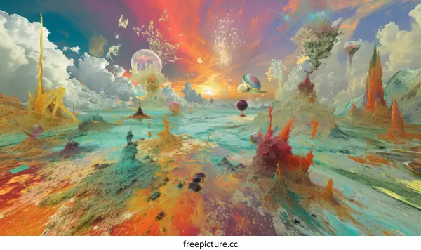 Colorful abstract painting with a variety of shapes and colors