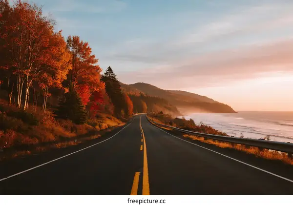 Scenic road by the sea with autumn trees and beautiful sunset