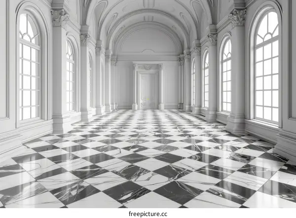 Marble Floor with Arched Windows and Symmetrical Corridor
