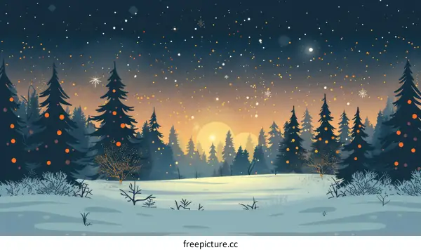 Snowy Forest Landscape with Pine Trees and Stars at Night