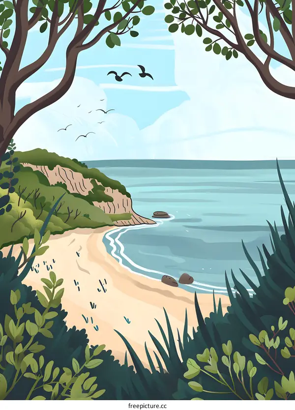 Peaceful Seascape With Lush Green Foliage