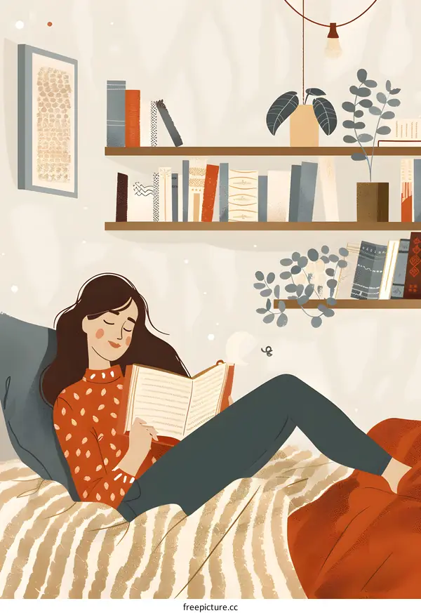 Woman Reading Book in Cozy Living Room Illustration