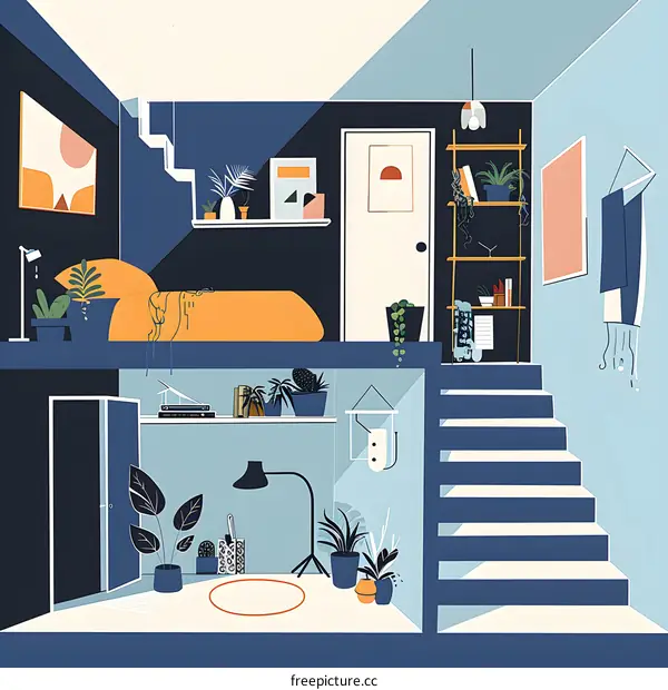 Modern Minimalist Loft Apartment Design with Plants and Stairs