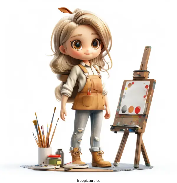 A cute blonde girl with a paintbrush and an easel