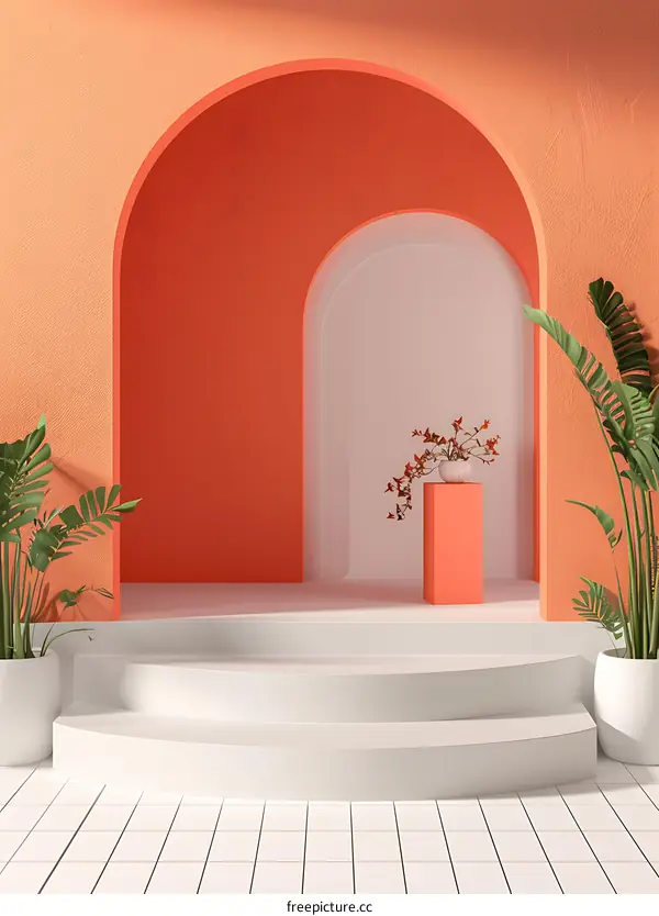 Minimalist Orange Archway with Plant and White Platform