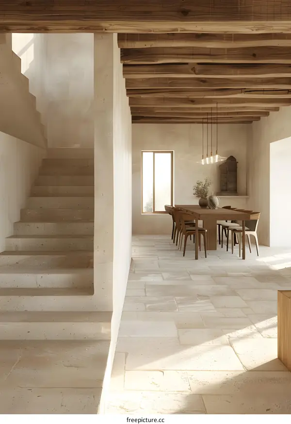 Minimalist Interior Design with Stone Stairs and Wooden Beams