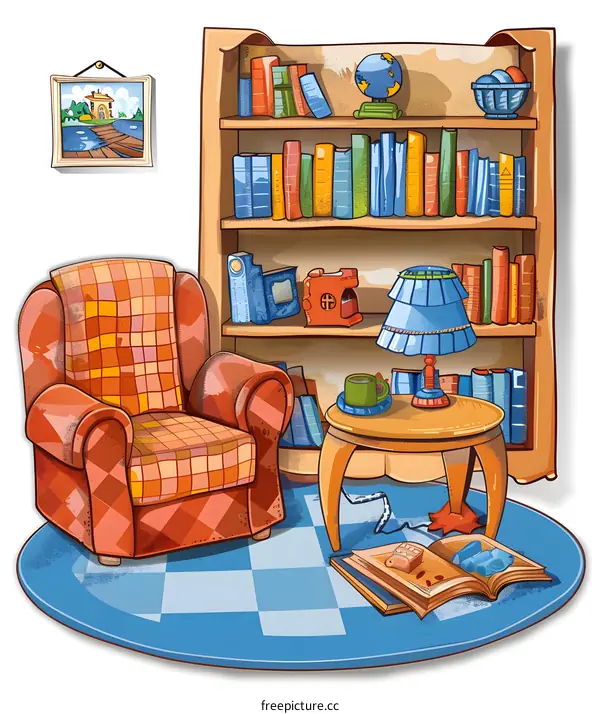 Cozy Living Room with Armchair, Bookshelf and Lamp