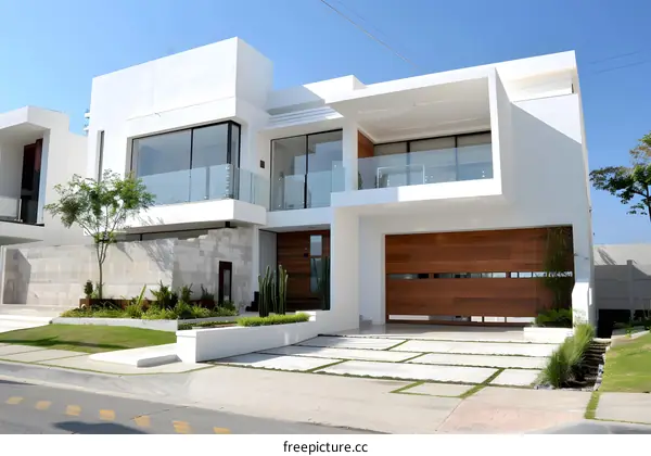 Modern White House with Brown Wood Garage Door