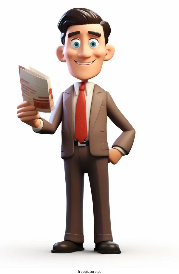 A 3D illustration of a businessman holding a document