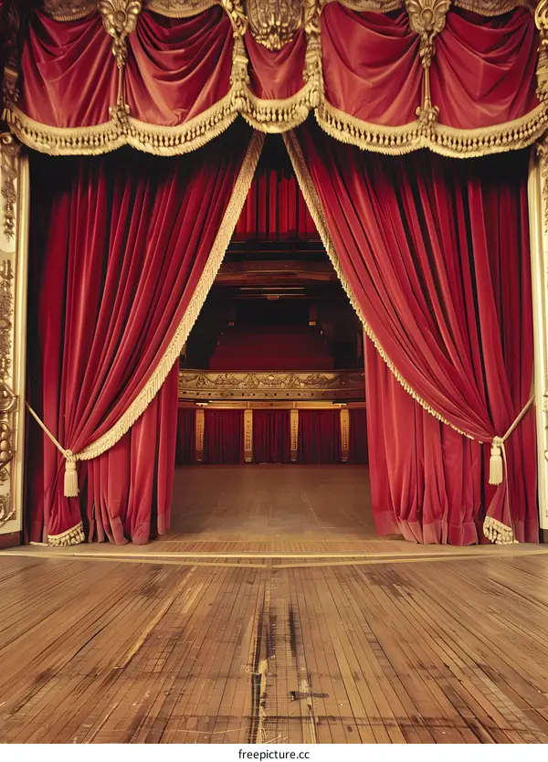 Red velvet stage curtains in an old theater