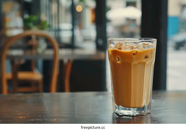 Iced coffee in a glass on a wooden table