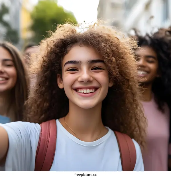 Smiling Girl Taking Selfie with Friends