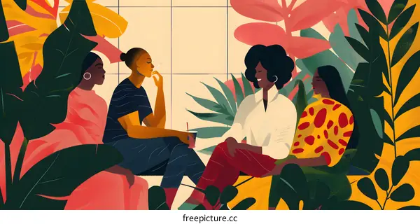 Four Black Women Sitting Together In A Garden Setting