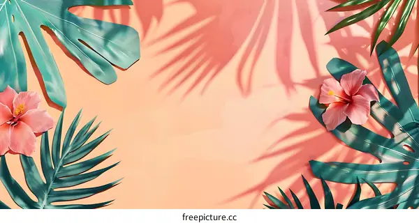 Tropical Leaves and Flowers Summer Background
