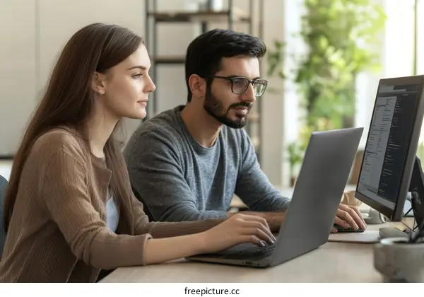 Two Colleagues Working on Laptops in Office