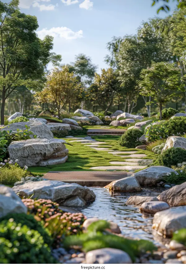 Serene Garden Pathway with Stones and Water